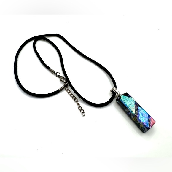 Dichroic Blue Art Glass Pendant Necklace 21” Black Cord & Extender-Handcrafted - Picture 4 of 11